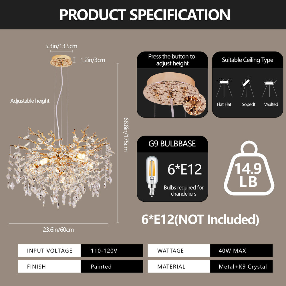 24" Luxury Tree Branch Adjustable Crystal Chandelier